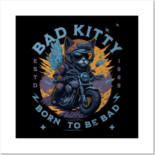 BAD KITTY: BORN TO BE BAD - Cat on motorcyle vintage design Posters and Art